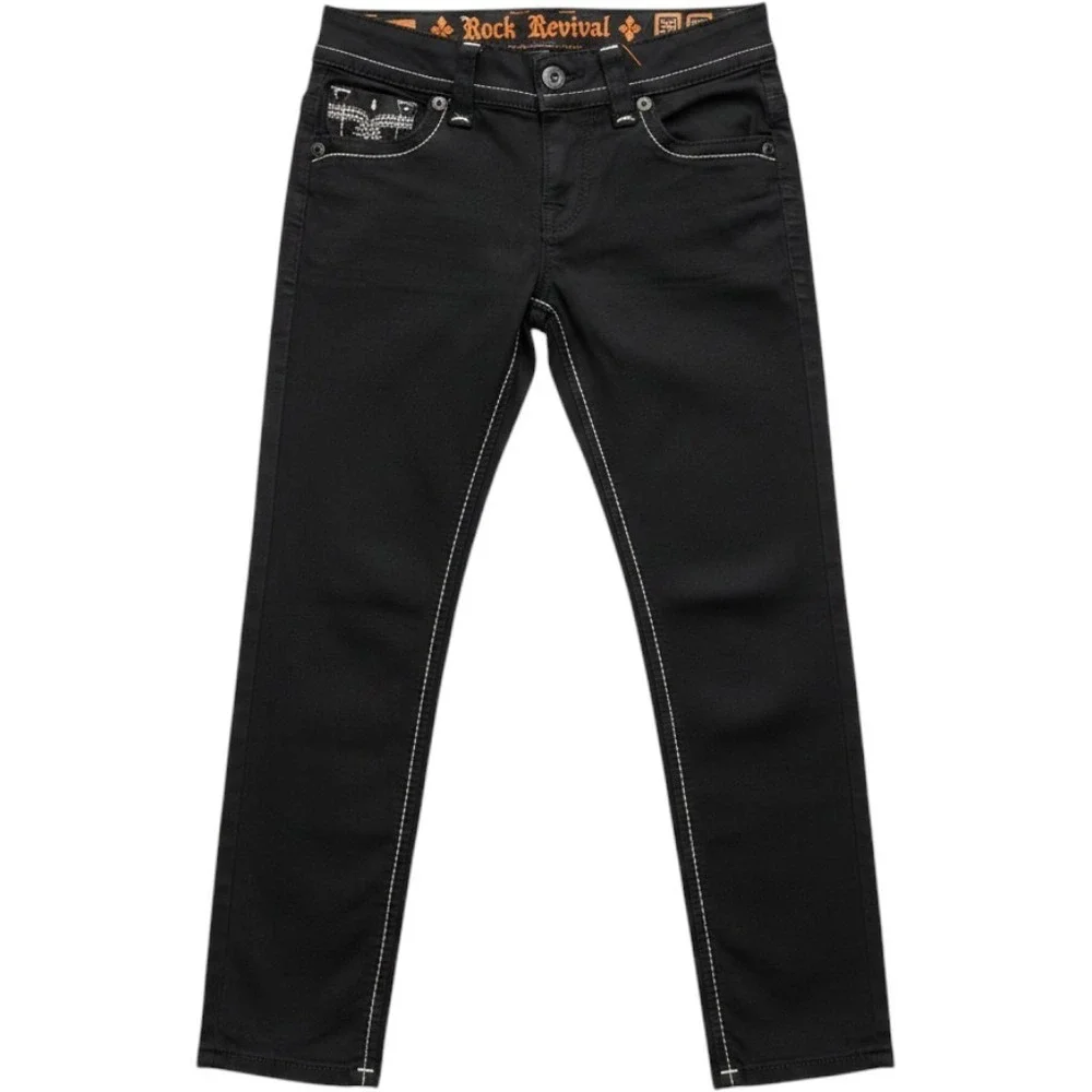 Rock Revival Skinny Jeans Womens 29 Black Excellent Embroidered Contrast Stitch